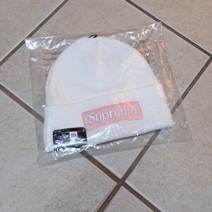 Supreme x New Era Box Logo Beanie in White with Pink Box Logo One Size Fits Most